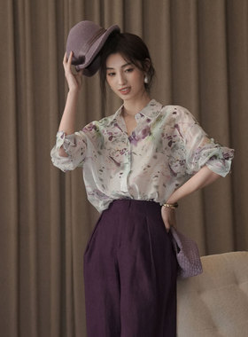 天丝印花衬衫随性休闲植物花卉休闲风长袖女士莱赛尔吸湿排汗翻领