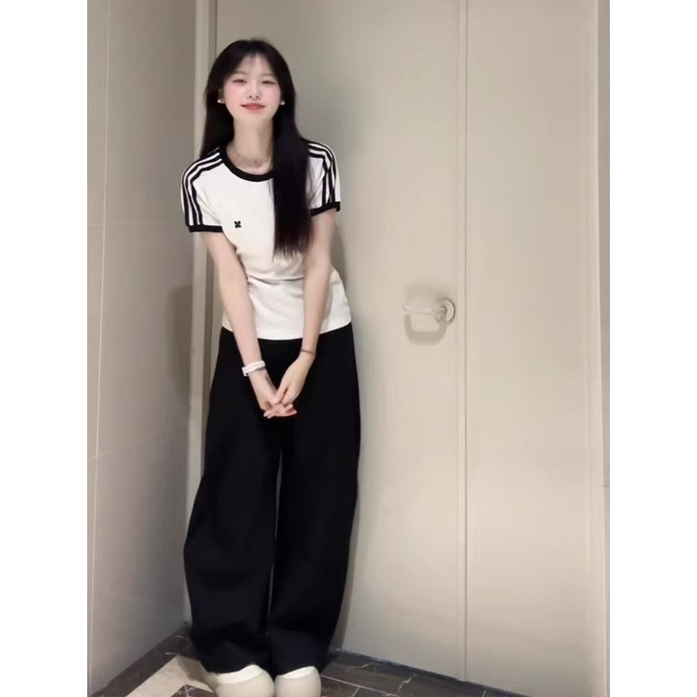 夏季女款套装2026新款学院风韩版修身短袖t恤黑色阔腿裤两件套潮