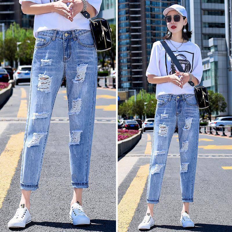 破洞新款牛仔裤女2025宽松高腰哈伦薄款直筒九分显瘦老爹乞丐裤