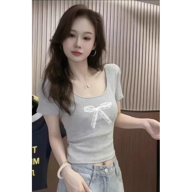 灰色印花正肩短袖t恤女士夏季新款短款百搭u领纯棉修身爆款小上衣