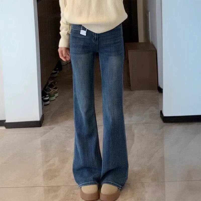 深蓝色微喇牛仔裤女春夏薄款2025新款小个子高腰显瘦弹力喇叭裤子