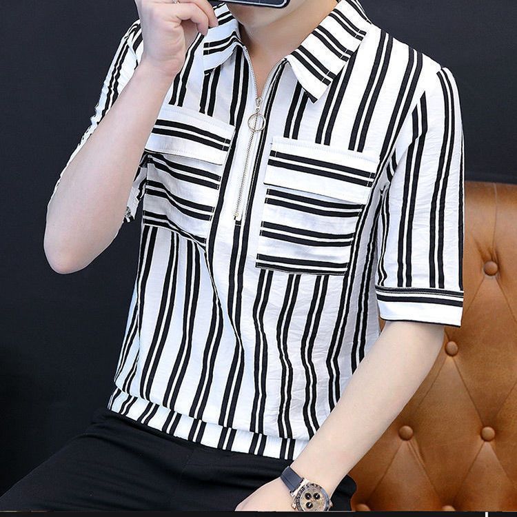 夏季男生潮流帅气半拉链短袖衬衫韩版时尚修身防晒衣五分袖休闲衫