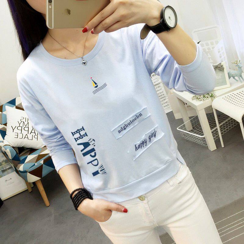 春秋韩版短款女装小个子外穿长袖t恤衫女生打底小衫宽松纯棉上衣