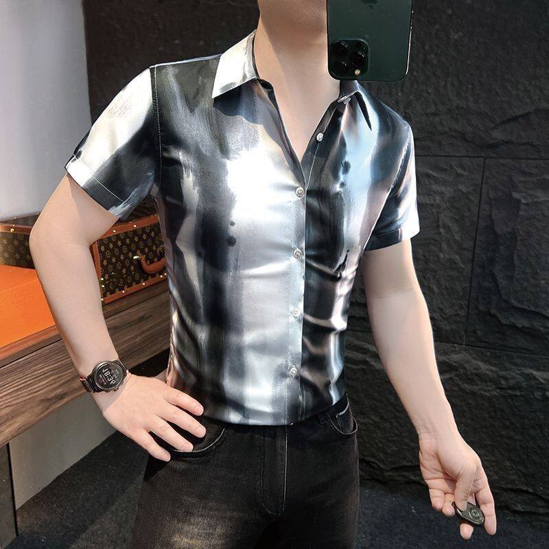 印花男士短袖衬衫2025新款高级夏季薄款休闲轻奢时尚男款衬衣