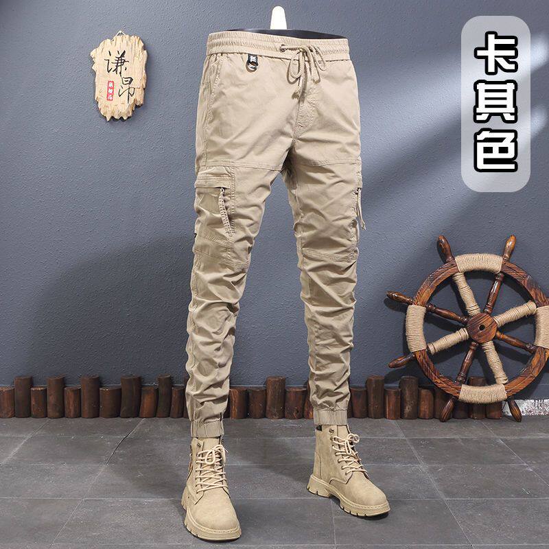 马丁靴配裤男士春秋宽松直筒束脚工装裤高街卡其色休闲裤户外运动