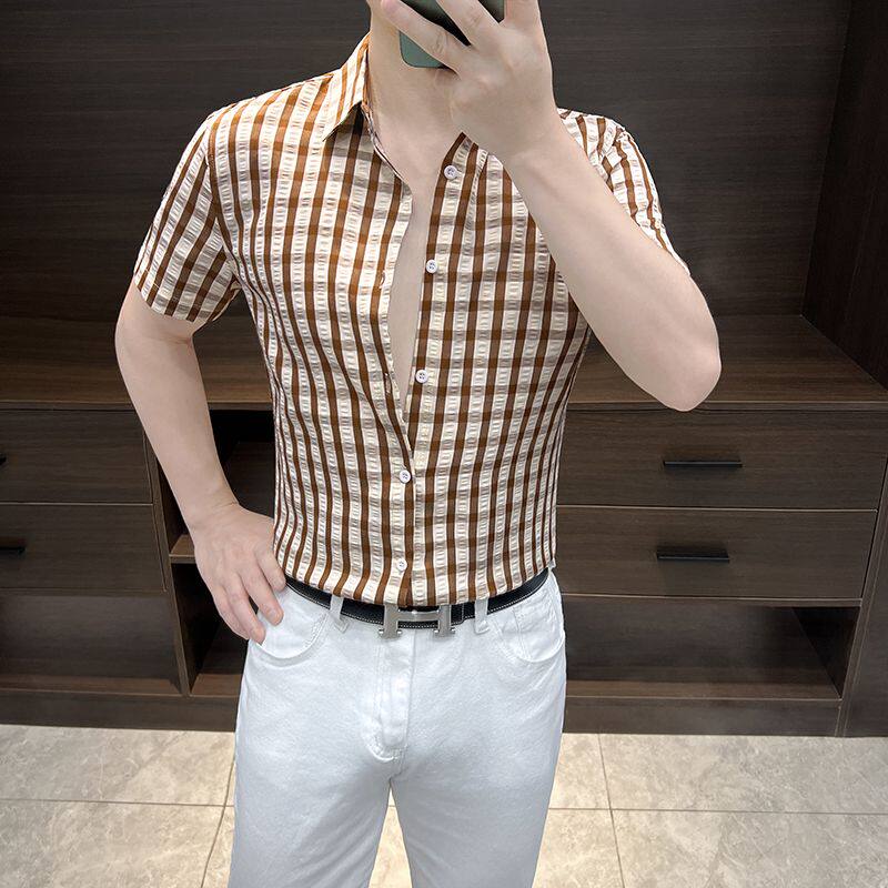 泡泡纱衬衫男士短袖夏季冰丝2026新款高级感痞帅夏天格子衬衣男款