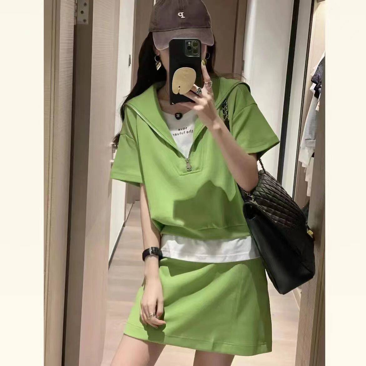 胖MM2-300斤假两件高腰半身裙套装女夏季高档休闲遮肉显瘦两件套