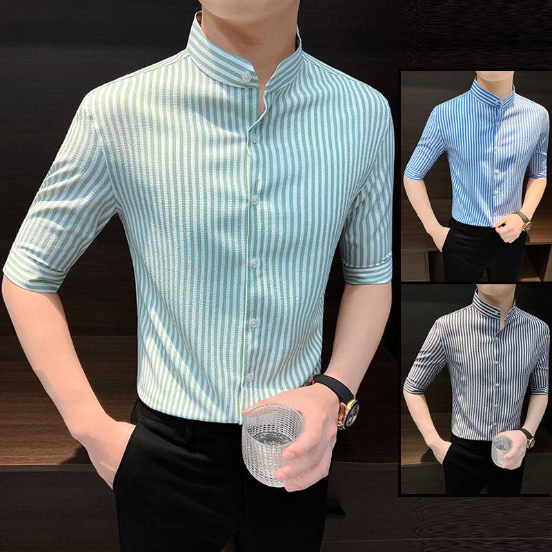 立领男士衬衫短袖夏季新中式男装条纹中山领彩条休闲七分半袖衬衣
