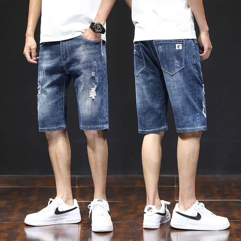 夏季薄款弹力牛仔短裤男士五分休闲破洞韩版潮流男修身七分中裤子