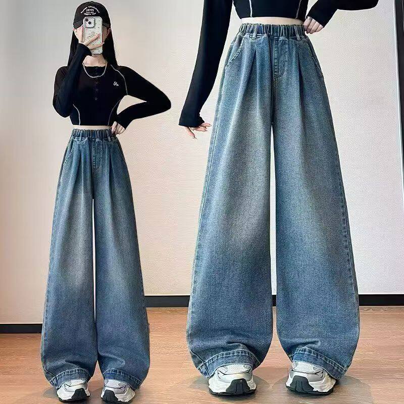大码松紧腰牛仔裤女2026春夏新款胖MM梨型身材显瘦宽松百搭阔腿裤