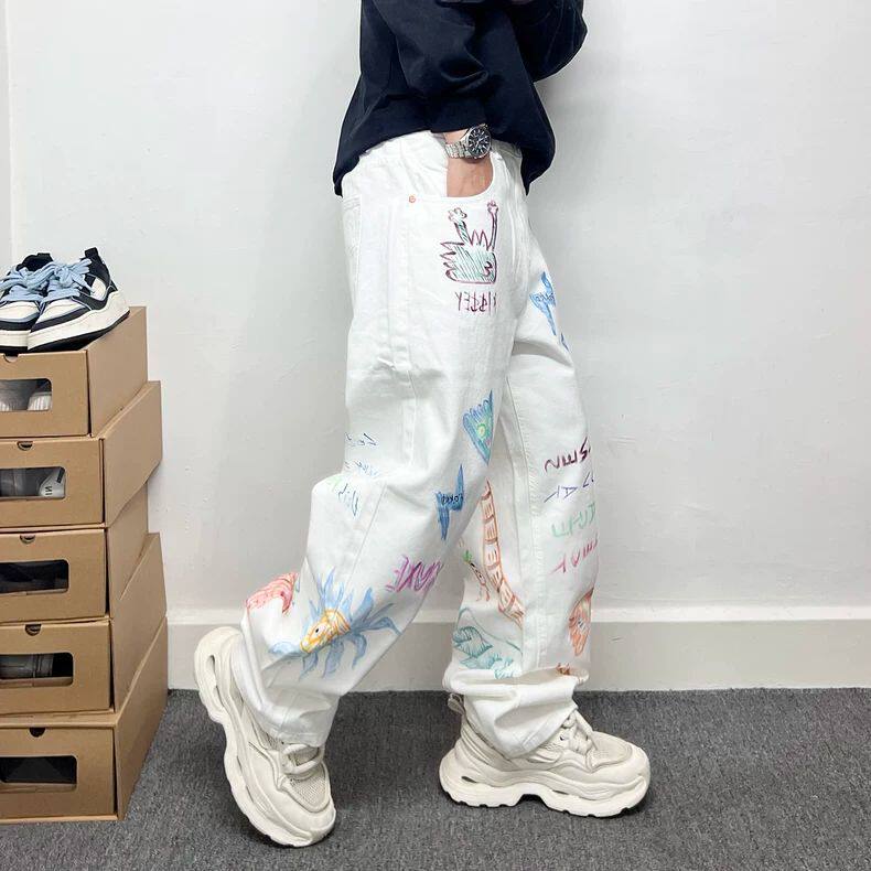 欧美街头风趣味印花涂鸦白色直筒牛仔裤男款潮牌痞帅阔腿微垮长裤