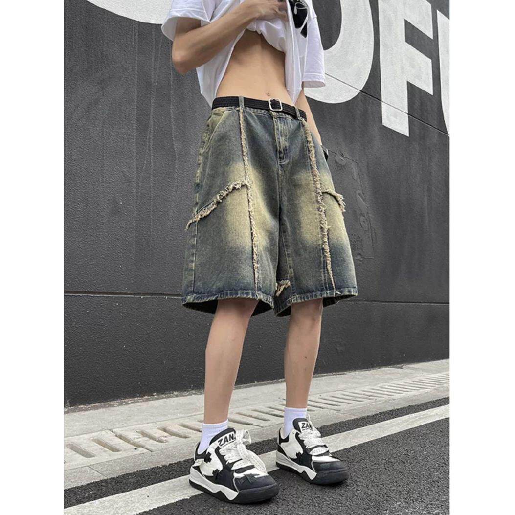 美式破坏风痞帅牛仔短裤男2025夏季青少年高街vibe宽松直筒五分裤