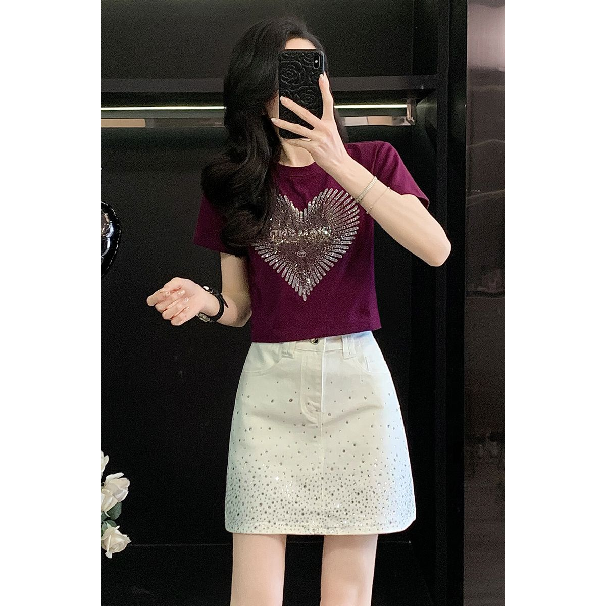 夏季装显瘦a字牛仔小短裙女高腰小个子牛仔半身裙套装时尚两件套