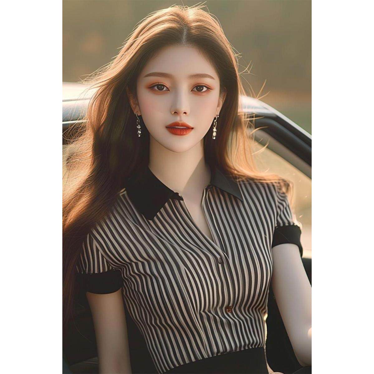 黑色条纹polo衫短袖衬衫女士设计感小众夏季新款独特别致修身上衣