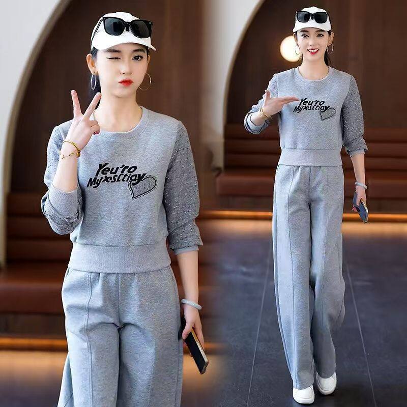 休闲时尚套装女2025年春秋新款减龄宽松圆领卫衣运动跑步服两件套