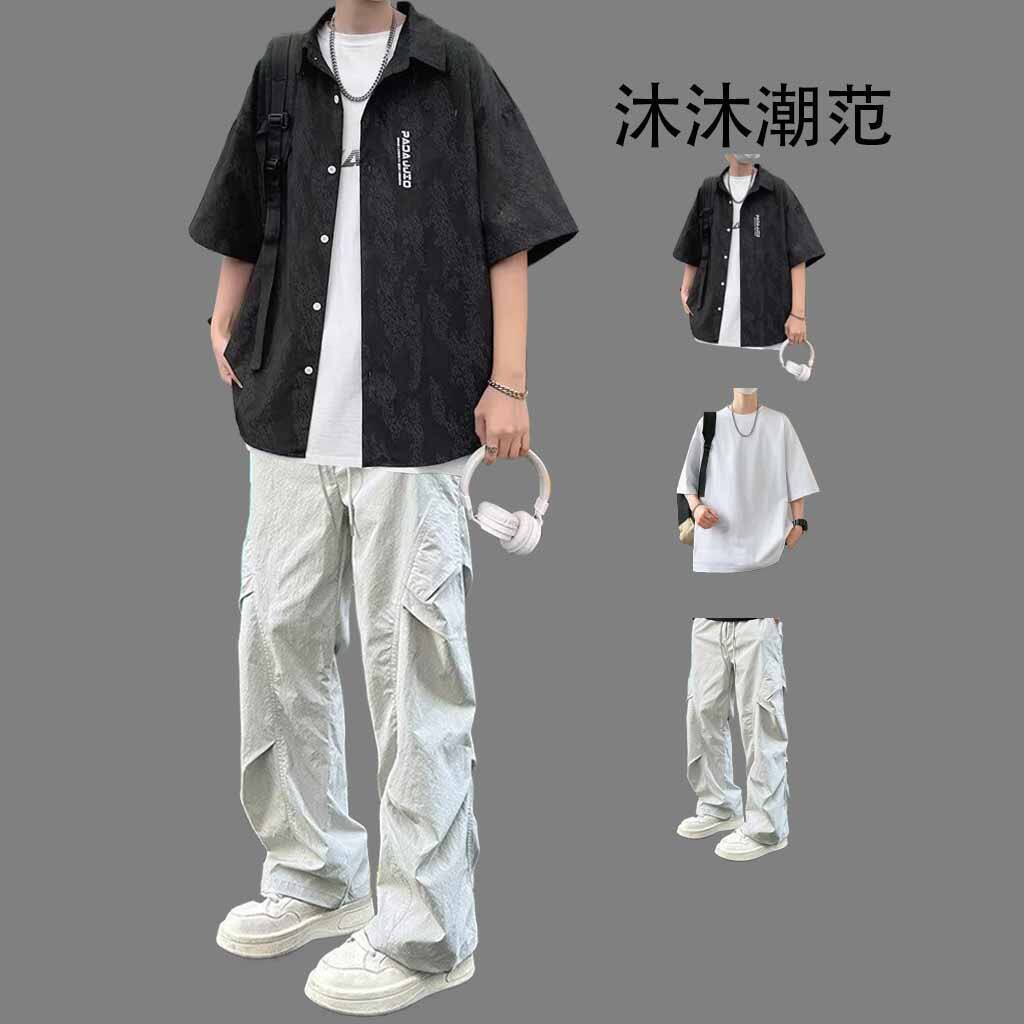 冰丝短袖衬衫男士套装ins潮牌港风夏季痞帅男装一套搭配帅气休闲