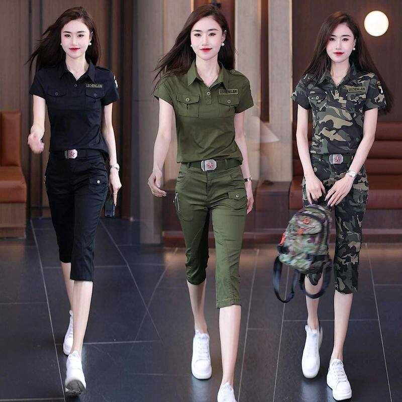 迷彩女装两件套夏季新款显瘦七分裤修身POLO衫迷彩服t恤时尚套装