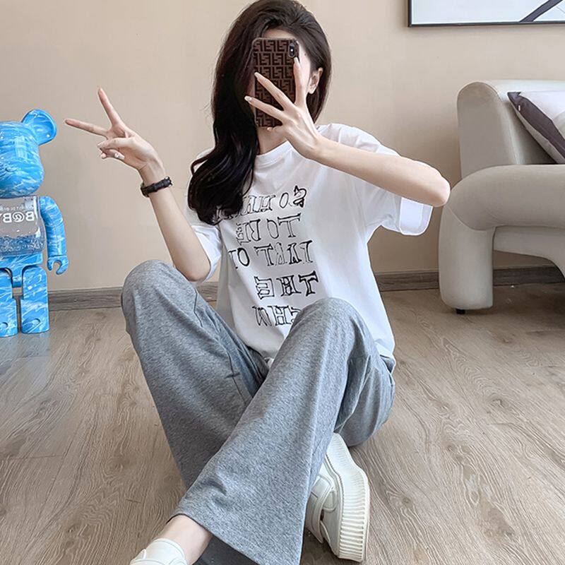 时尚减龄休闲套装女夏季薄款短袖阔腿长裤学生韩版宽松运动两件套