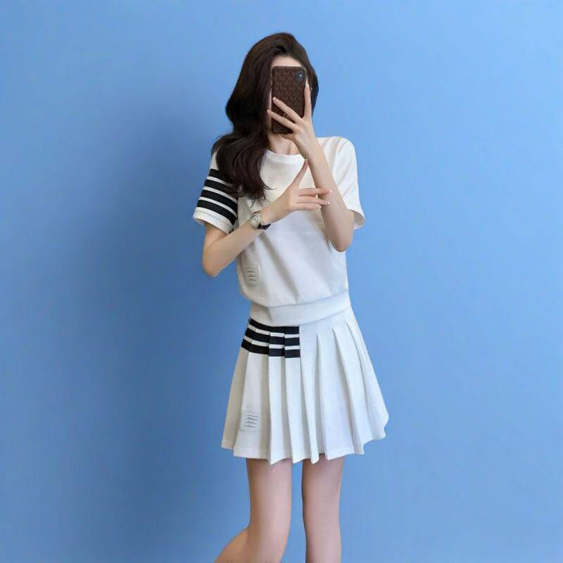 夏装搭配学院风休闲套装百褶裙女夏季炸街减龄洋气小个子两件套裙