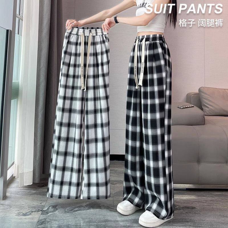 大码冰丝格子阔腿裤女夏季薄款运动裤子女胖mm宽松显瘦直筒休闲裤