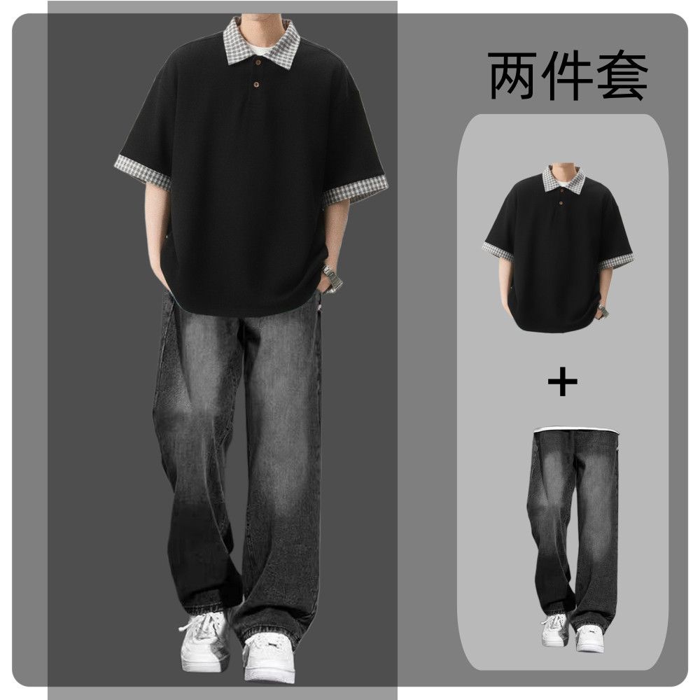夏季千鸟格拼接POLO衫短袖套装青少年一整套搭配牛仔裤男装两件套