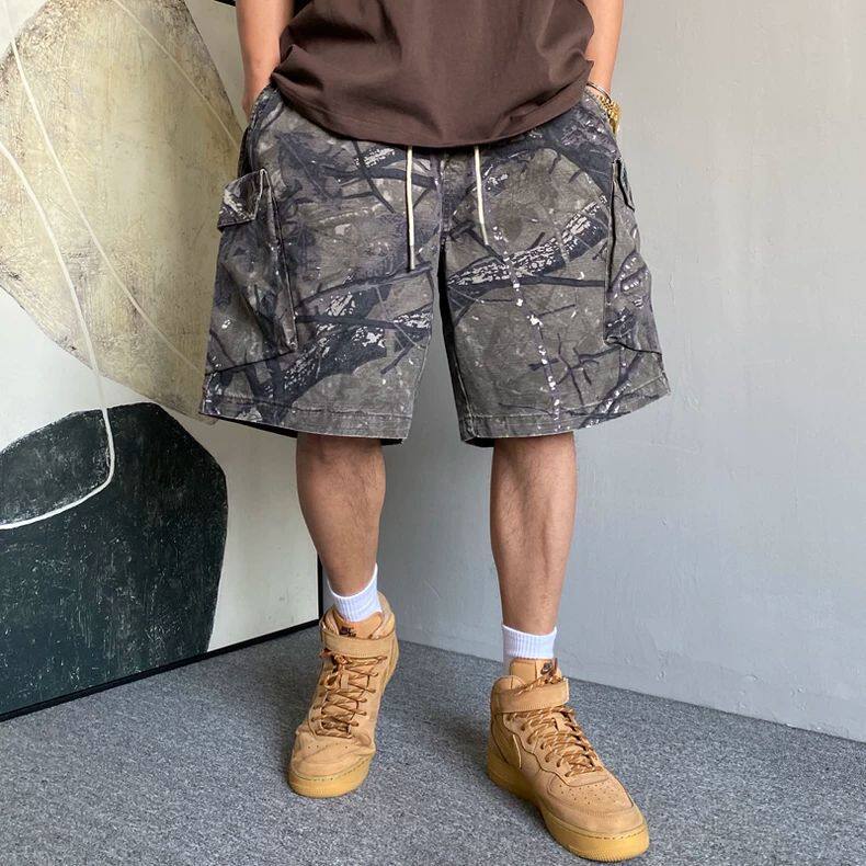 夏季美式休闲痞帅高端重磅迷彩工装短裤男宽松纯棉大码五分裤子潮