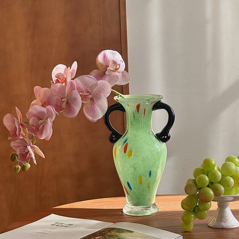 复古绿色玻璃花瓶客厅玄关餐桌插花装饰摆件法式琉璃花器高级感