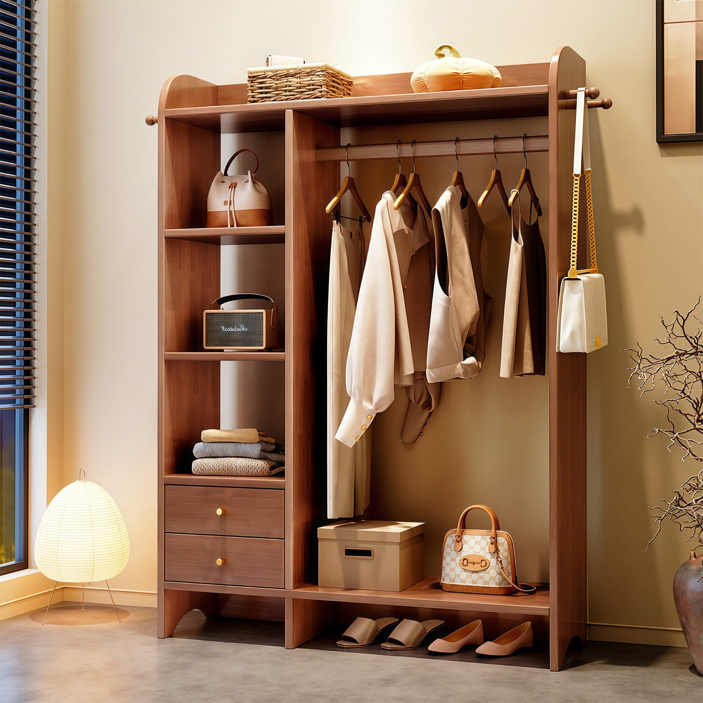 实木衣帽架落地卧室家用挂衣架带抽屉置物架房间多功能衣物收纳架
