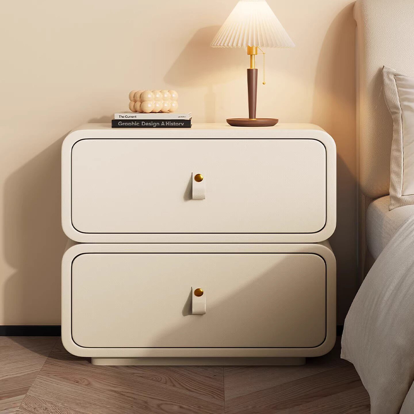 全实木床头柜家用现代简约创意方糖圆角轻奢皮质卧室收纳柜奶油风