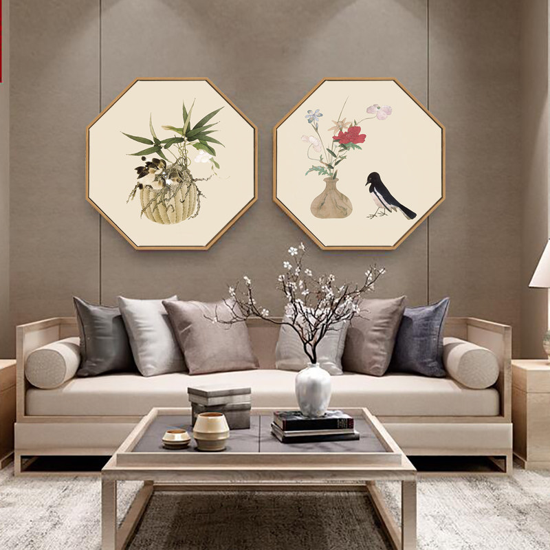 新中式花鸟禅意装饰画客厅玄关壁画餐厅茶室中国风古典挂画八边形