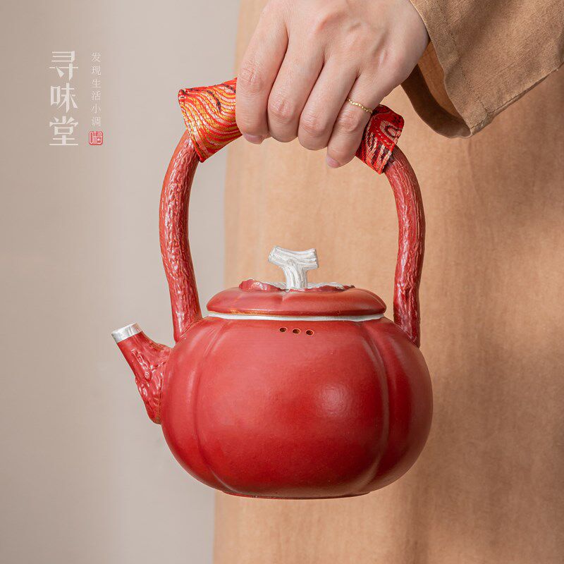 山楂红银彩烧水壶煮茶壶老岩泥提梁壶鎏银陶瓷茶具单壶围炉煮茶