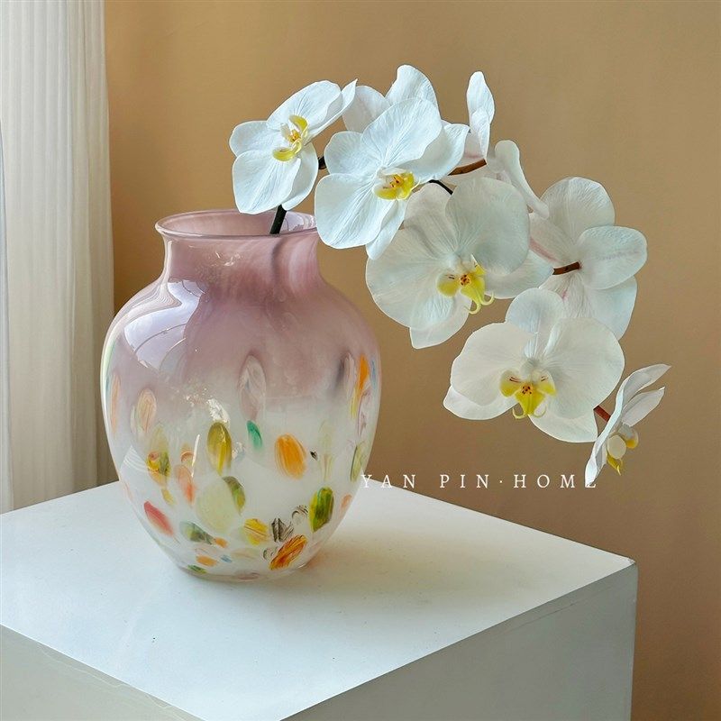 中古风彩色渐变波点琉璃花瓶法式高级感玄关客厅艺术花器玻璃摆件