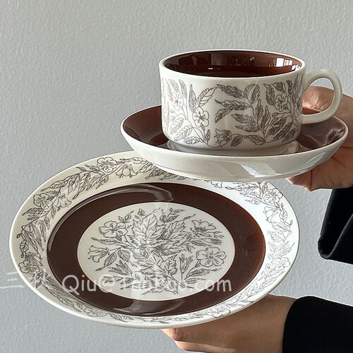 三秋Sanq复古手作复刻棕色木槿花餐具咖啡杯碟拿铁杯西餐盘早餐盘