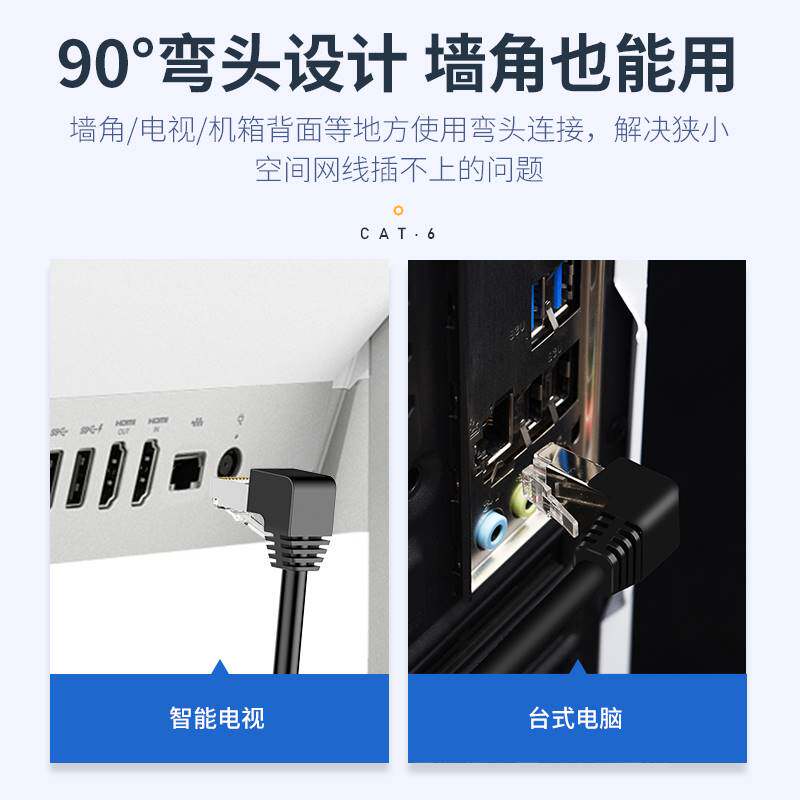 网线家用弯头直角90度宽带6六类千兆电脑路由器高速L型连接网络线图片