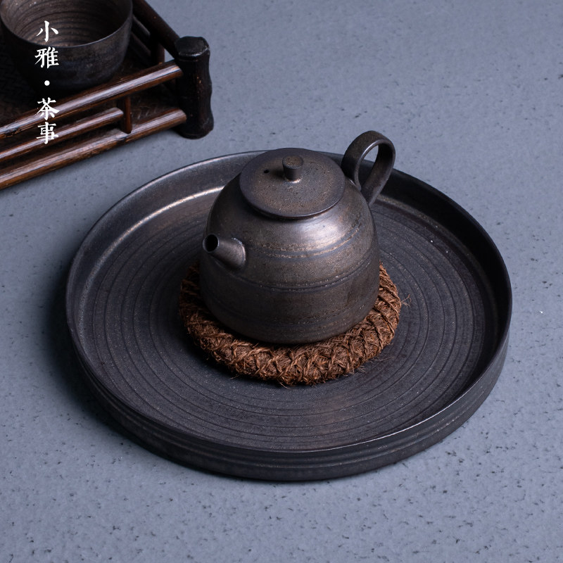 小雅铁釉粗陶壶承壶托圆形干泡盘日式陶瓷茶盘复古手作茶台茶杯