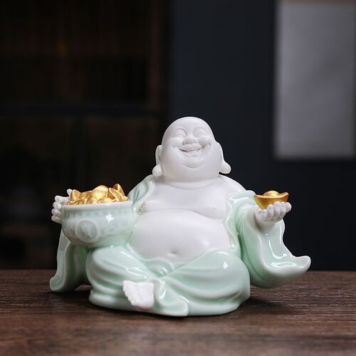 中式精品陶瓷大肚弥勒佛笑佛摆件创意家居玄关博古架办公桌面摆设