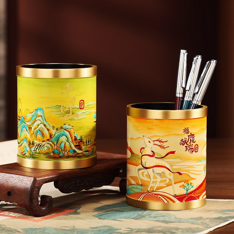 黄铜笔筒摆件中国风山水画办公室桌面装饰品创意教师节礼品