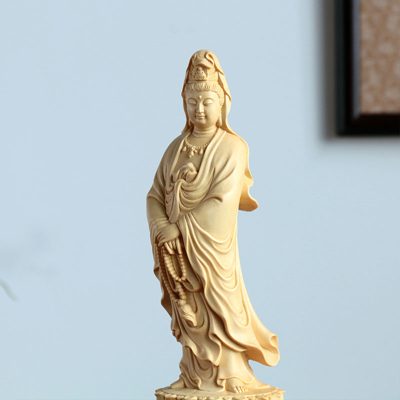 北美桧木雕刻家居饰品摆件佛像中式实木工艺文化装饰拿珠观音菩萨