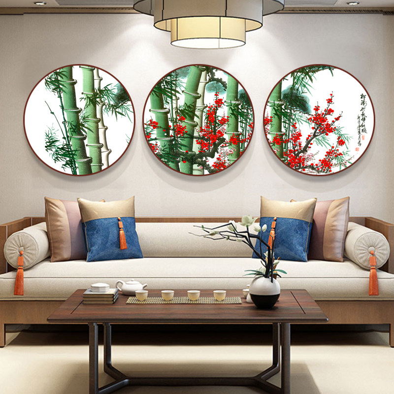 竹报平安装饰画入户玄关画正对门圆形壁画茶室背景墙竹子画挂画