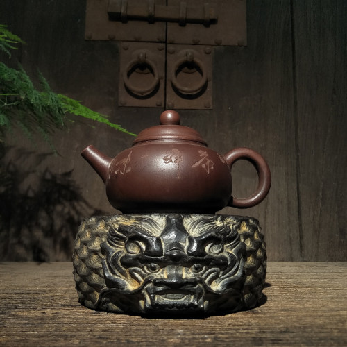 仿古石雕天然青石祥龙石鼓底座壶座杯座中式复古摆件摆设装饰包邮
