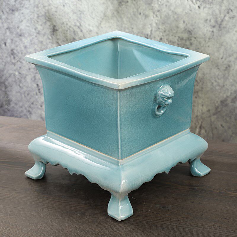 景德镇陶瓷花盆手绘四角绿植中式青花瓷盆栽麒麟罗汉松树盆景兰花