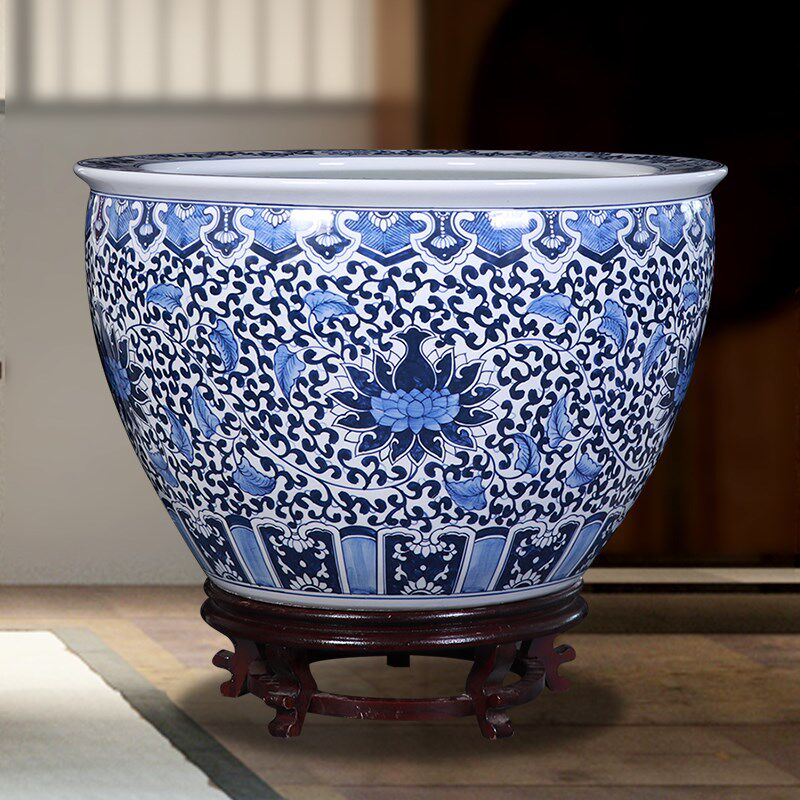 手绘陶瓷鱼缸景德镇睡莲荷花盆客厅字画桶庭院乌龟锦锂大水缸摆件