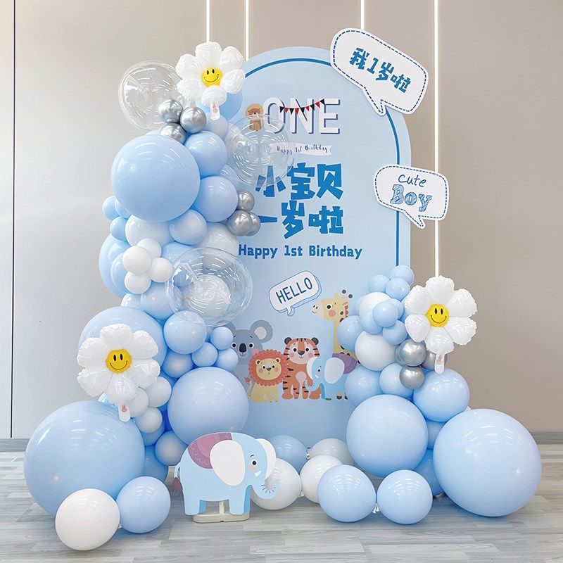 男宝宝周岁生日气球布置 儿童大象满月主题场景装饰可爱卡通套餐