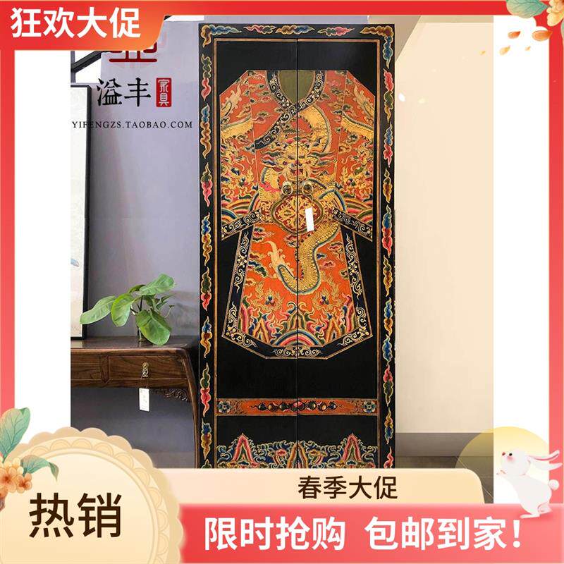 新中式仿古大衣柜做旧彩绘西藏式玄关高柜手绘置物柜酒店民宿家具