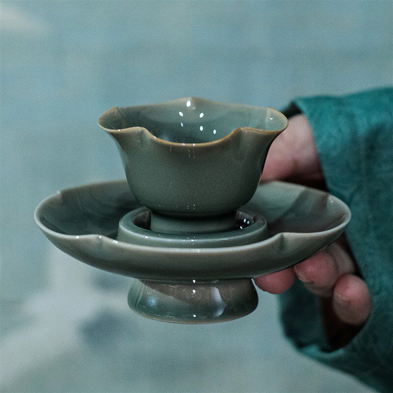 仿宋耀州窑秘色青瓷杯 青釉花口小茶盏纯手工景德镇茶具组