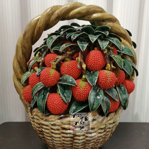 陶瓷工艺品 石湾公仔 大型荔枝篮摆件 满堂红利