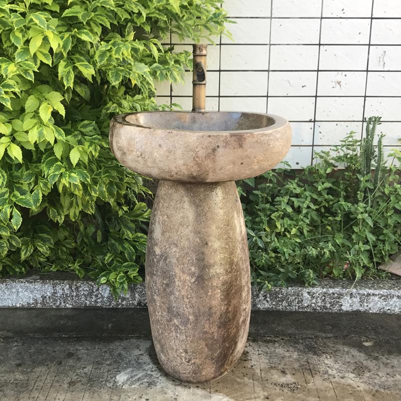天然石头洗手盆一体阳台户外洗手台庭院立柱式洗脸盆仿古室外水池