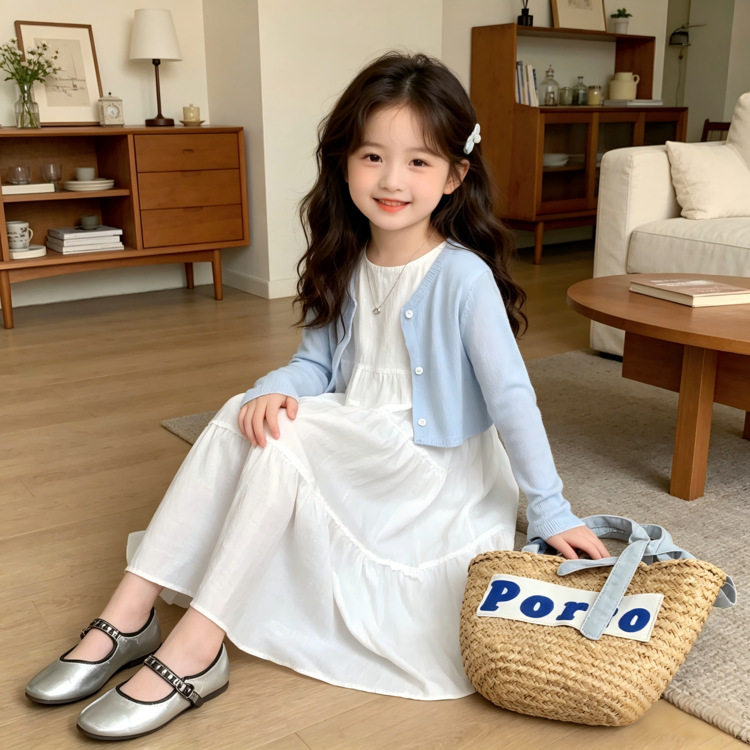 女童夏装连衣裙2026新款儿童夏季亲子防晒开衫女孩白色长裙两件套
