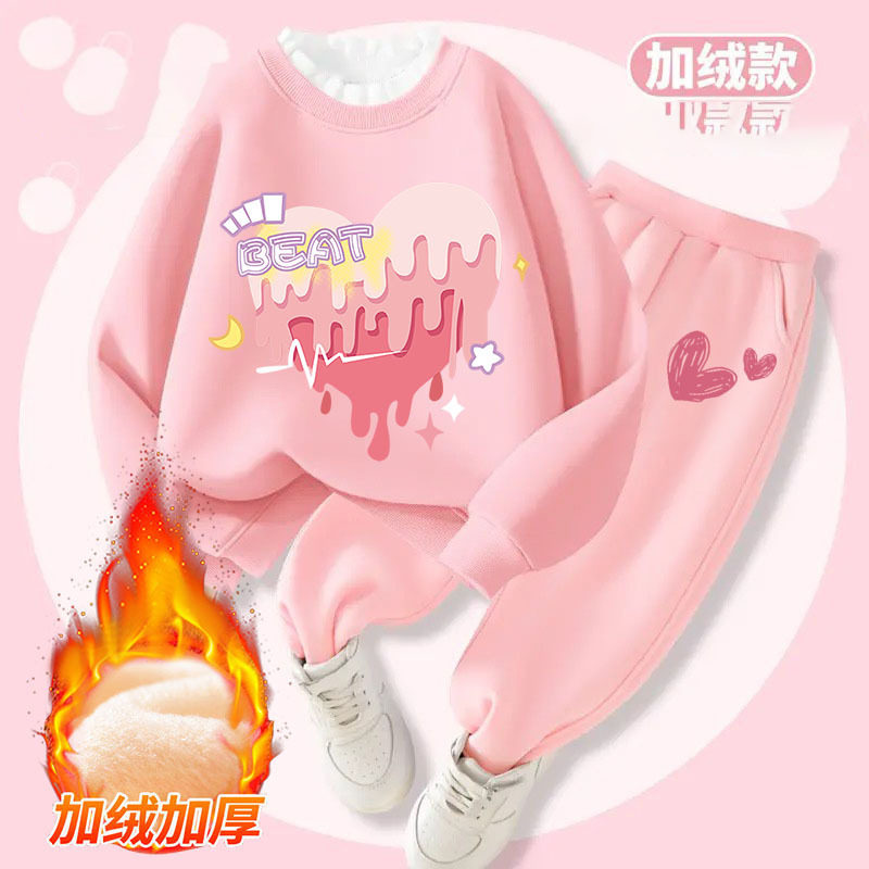 女童冬季加绒蕾丝花领卫衣套装新款中大童洋气一体绒两件套潮