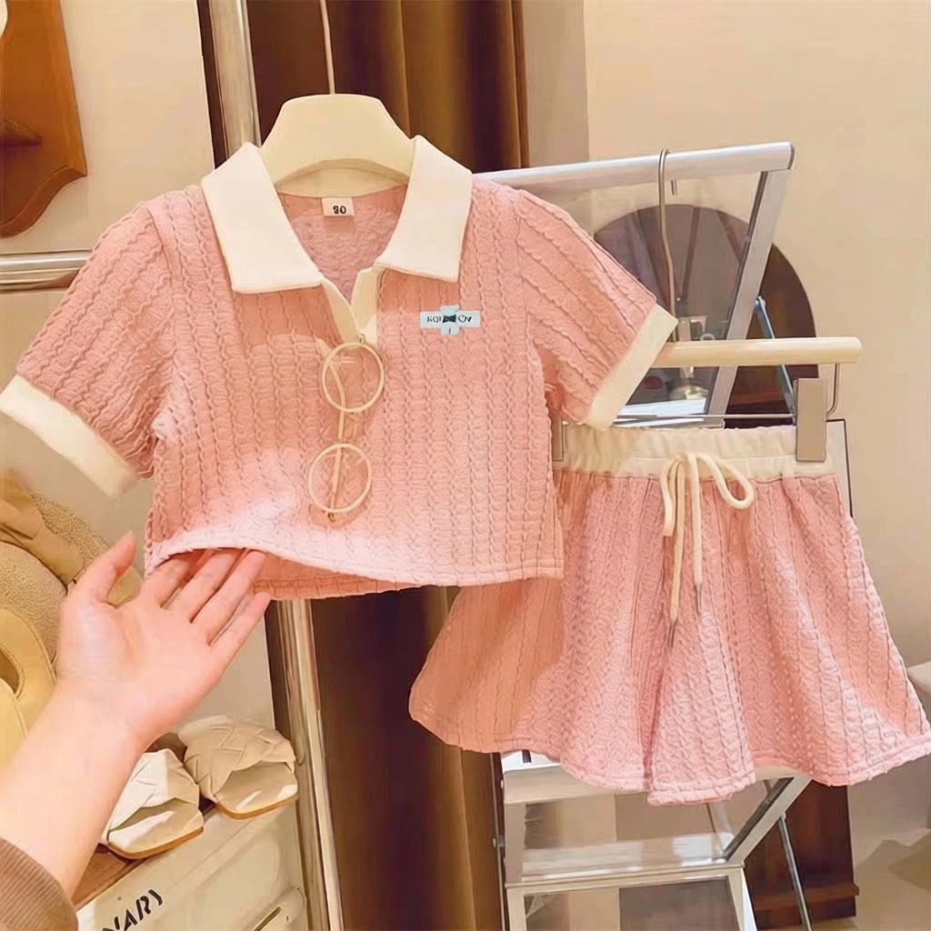 女童套装Polo领短袖短裤夏季新款甜美女宝宝粉色休闲两件套潮